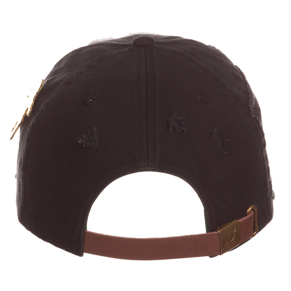 Black cap with brown leather strap on a white background