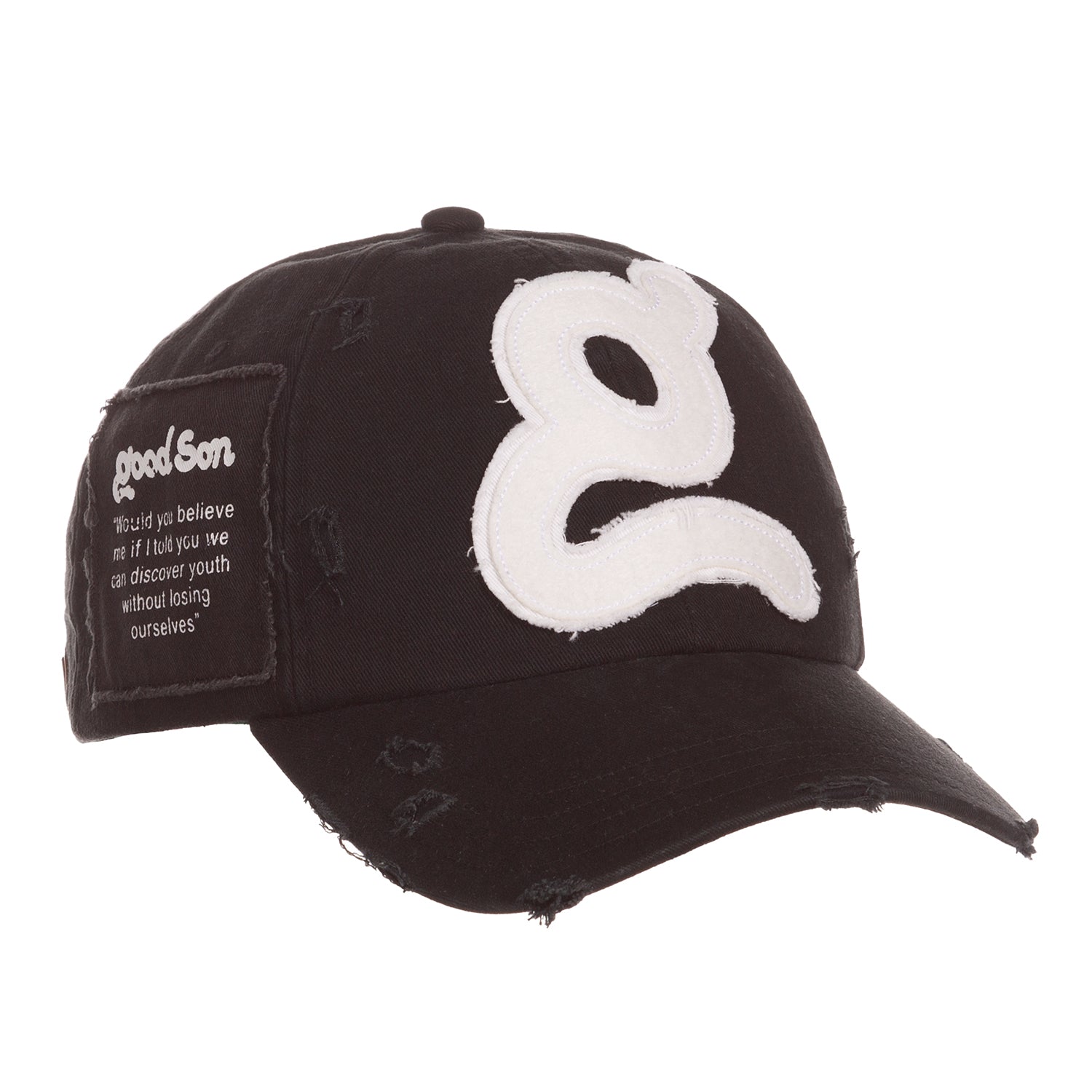 Black cap with white logo and text on a white background