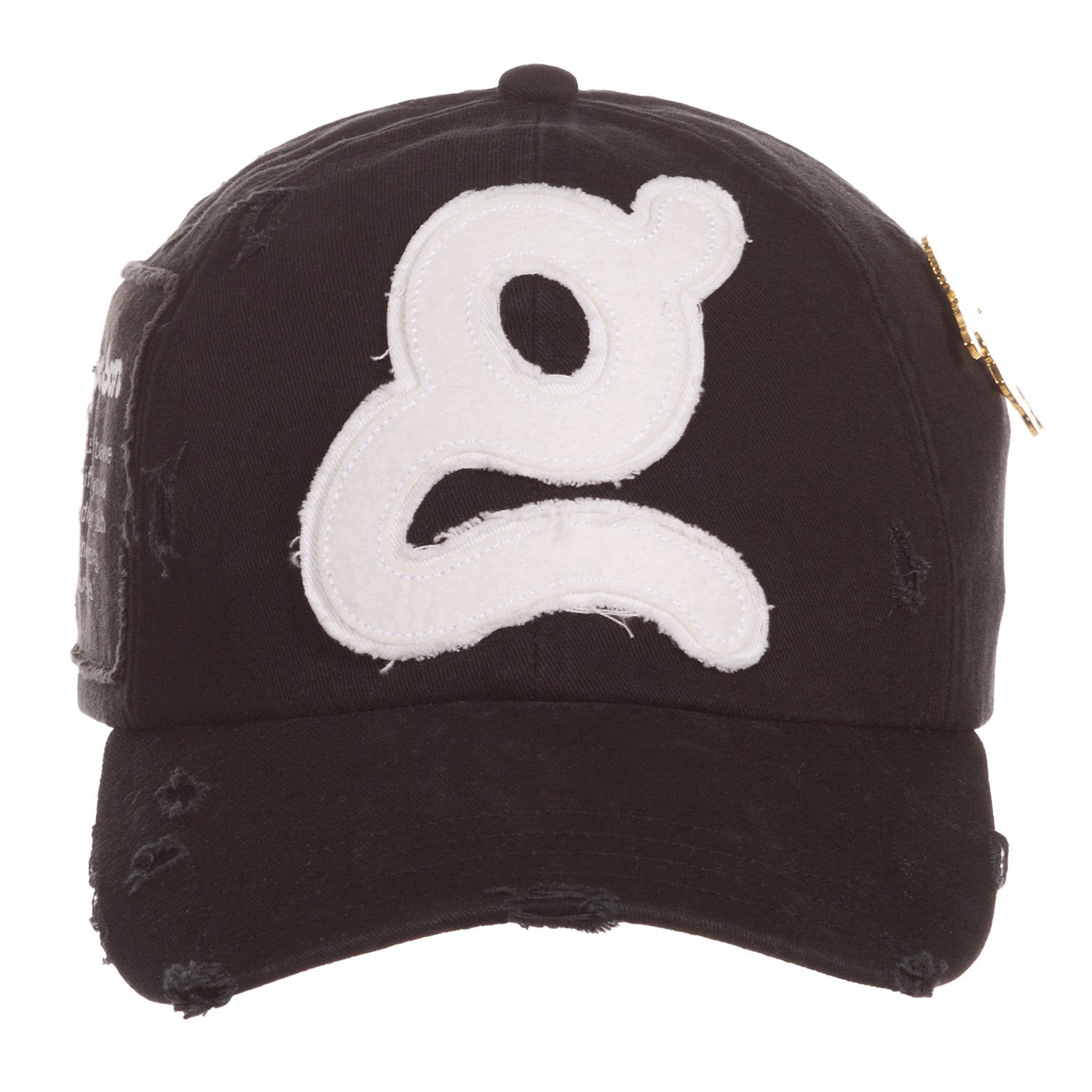 Black cap with a white logo on a white background