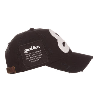 Black cap with a patch and white logo on a white background