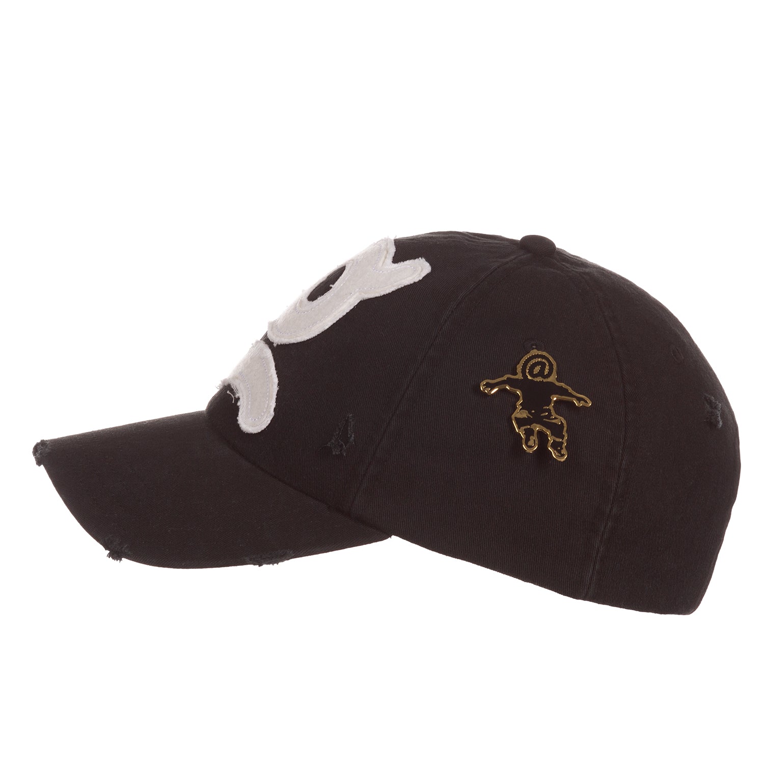 Black cap with white logo and gold emblem on a white background