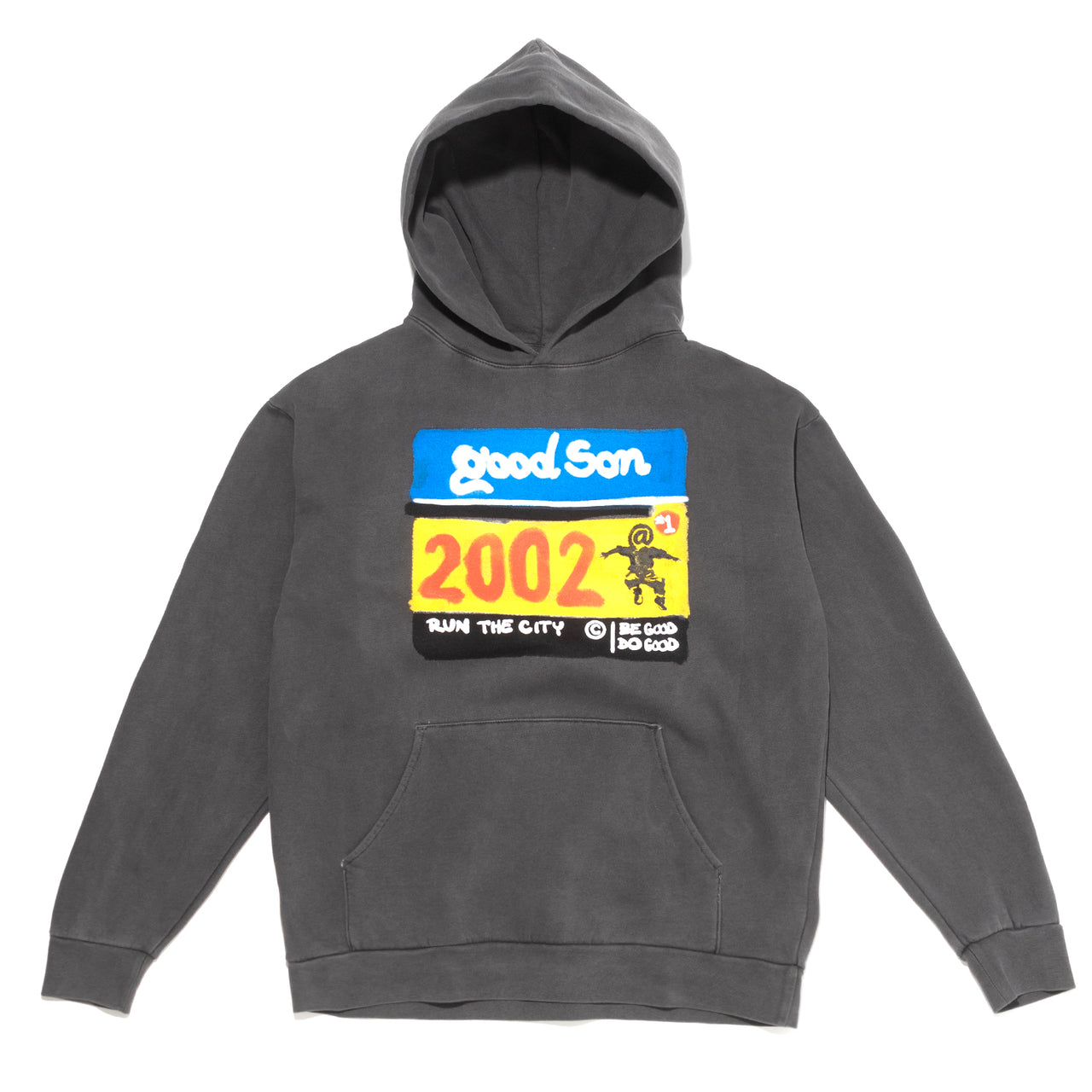 Gray hoodie with colorful graphic design on a white background