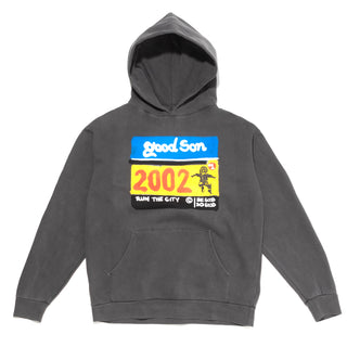 Gray hoodie with colorful graphic design on a white background